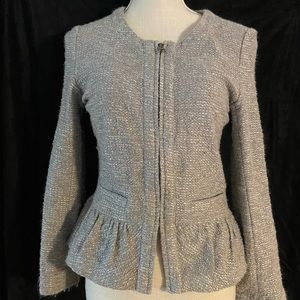 JCrew Light Grey Tweed Peplum Zip Blazer/Sweater